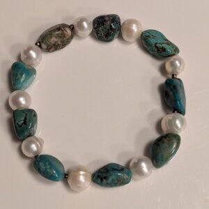 Vintage Pearl and Turquoise Nugget Bead Elastic Bracelet.